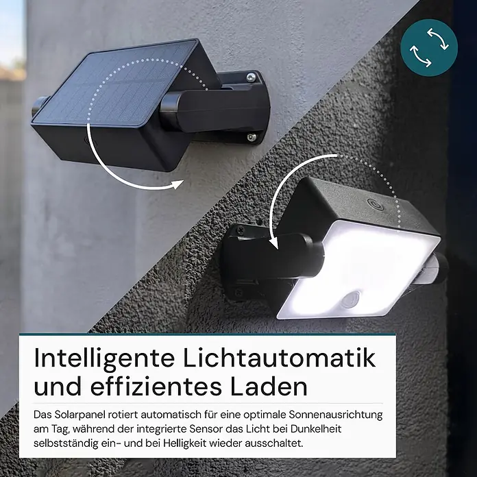 Luxula Solar-LED-Strahler - 6.500 K, 800 lm, 15,2 x 12,1 x 5,9 cm, IP65 - Schwarze Solar-Wandleuchte mit drehbarem Solarpanel und automatischem Lichtsensor.