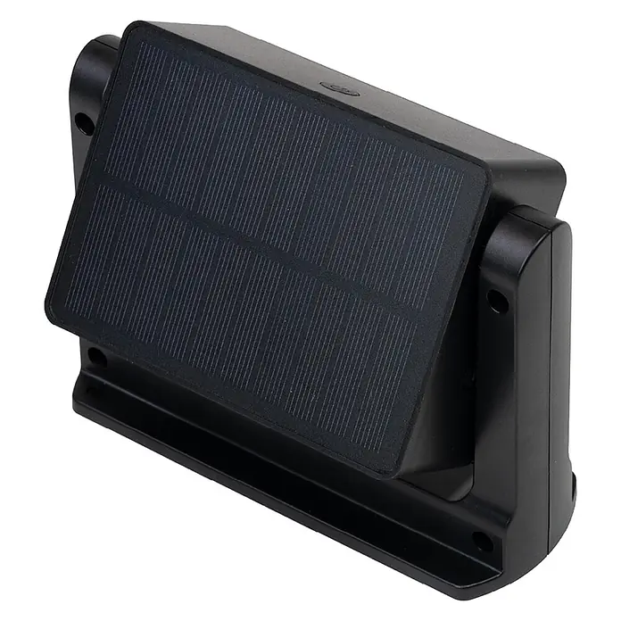 Luxula Solar-LED-Strahler - 3.000 K, 800 lm, 15,2 x 12,1 x 5,9 cm, IP65 - Schwarzes solarbetriebenes Gerät mit einer strukturierten Solarzelle nach oben, auf einem Sockel montiert.