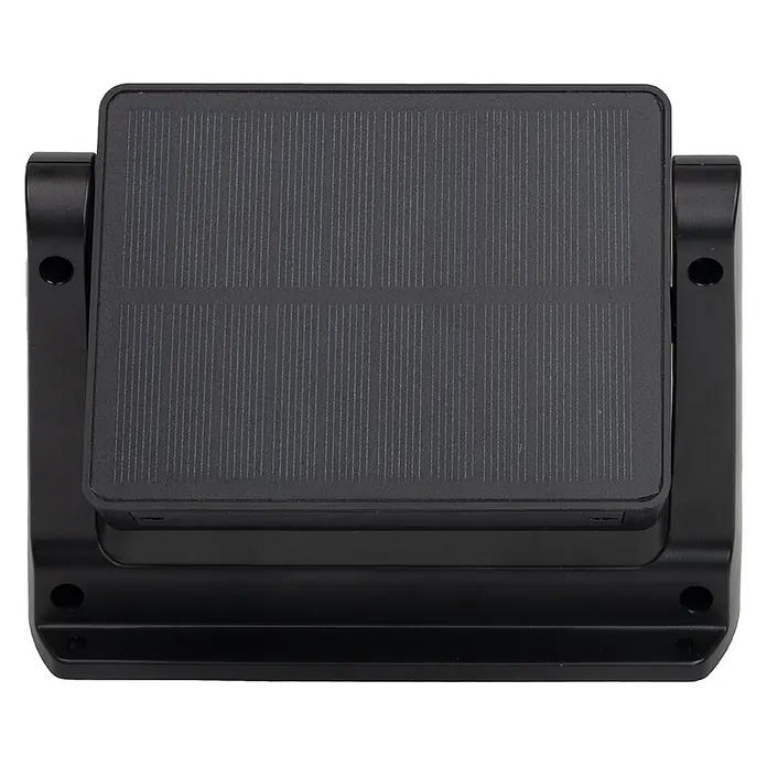 Luxula Solar-LED-Strahler - 3.000 K, 800 lm, 15,2 x 12,1 x 5,9 cm, IP65 - Schwarzes Solarmodul mit texturierter Oberfläche für Außenstromversorgung, mit Montagehalterungen an beiden Seiten.