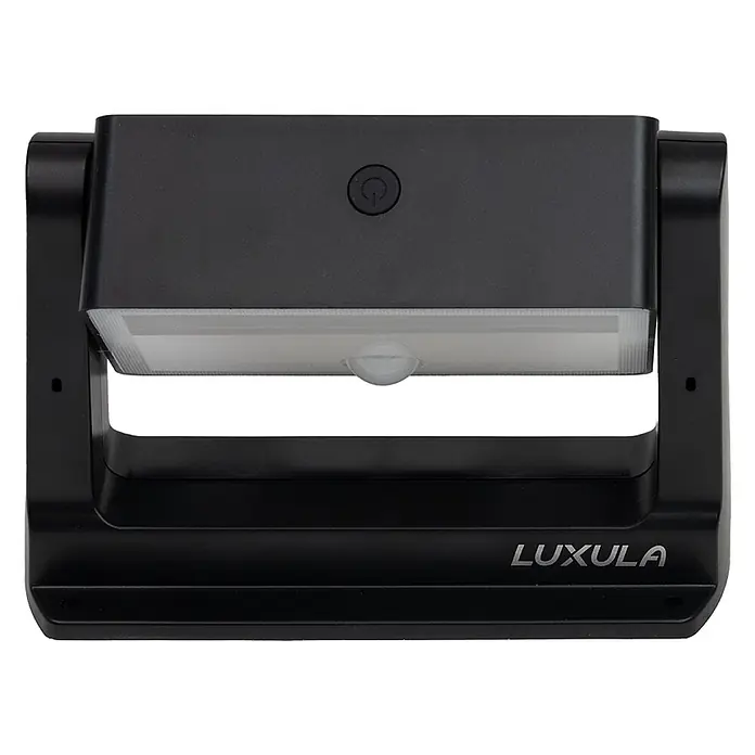Luxula Solar-LED-Strahler - 3.000 K, 800 lm, 15,2 x 12,1 x 5,9 cm, IP65 - Schwarze LED-Leuchte mit Bewegungssensor, integriertem Ein-/Ausschalter und LUXULA-Logo.