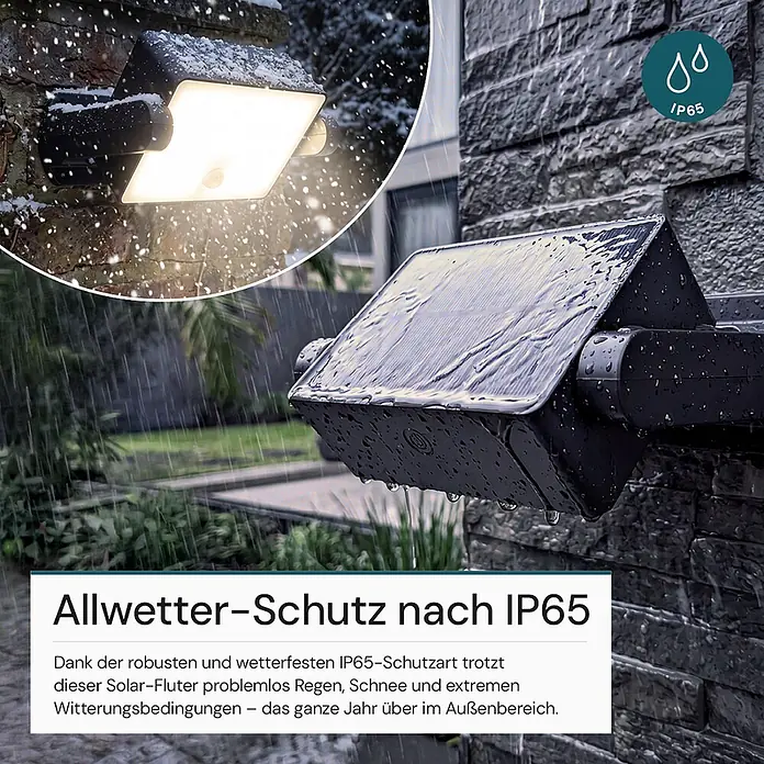 Luxula Solar-LED-Strahler - 3.000 K, 800 lm, 15,2 x 12,1 x 5,9 cm, IP65 - Schwarzer Solar-Fluter, wetterfest nach IP65, widersteht Regen und Schnee im Außenbereich.