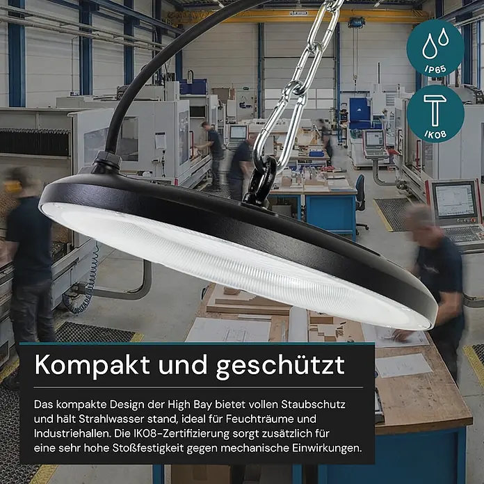 Luxula LED-Strahler - 150 W, 15.000 lm, 3.000 K - 6.500 K, L x B x H: 274 x 274 x 83 mm, IP65 - Kompakte, schwarze High Bay Leuchte in einer Fabrik, staub-, wasser- und stoßfest (IP65, IK08).