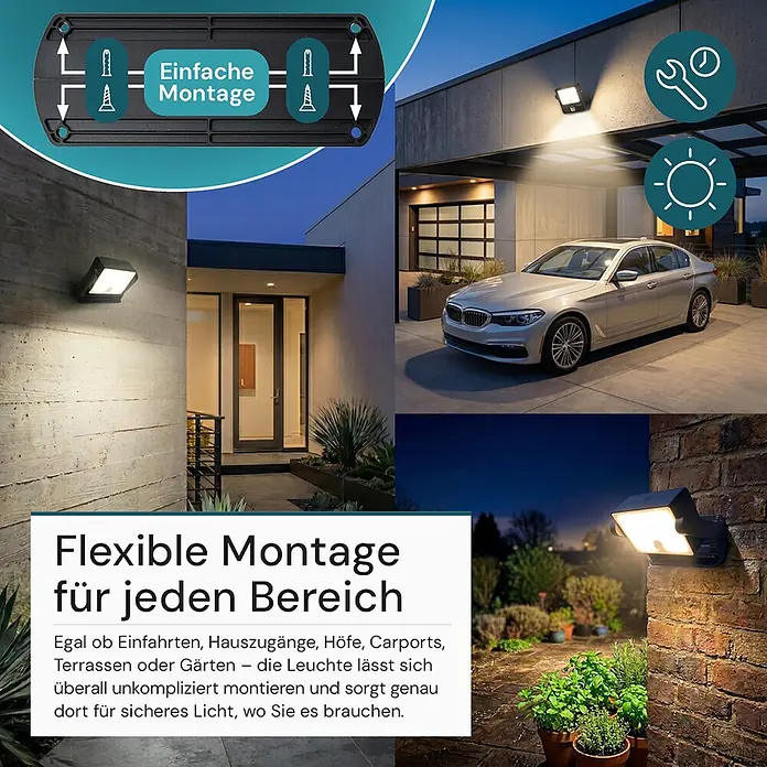 Luxula Solar-LED-Strahler - 3.000 K, 800 lm, 15,2 x 12,1 x 5,9 cm, IP65 - Dunkler LED-Außenstrahler an verschiedenen Gebäudeaußenwänden installiert, betont einfache und flexible Montage für Außenbeleuchtung.