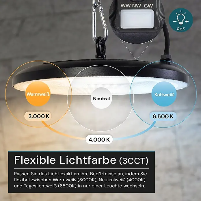 Luxula LED-Strahler - 150 W, 15.000 lm, 3.000 K - 6.500 K, L x B x H: 274 x 274 x 83 mm, IP65 - Schwarze runde LED-Lampe mit flexiblen Lichtfarben (3000K, 4000K, 6500K) und Steuerschalter.