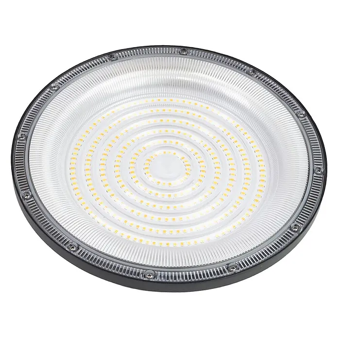 Luxula LED-Strahler - 150 W, 15.000 lm, 3.000 K - 6.500 K, L x B x H: 274 x 274 x 83 mm, IP65 - Runde LED-Hallenleuchte mit schwarzem Rahmen, klarer strukturierter Abdeckung und konzentrischen Ringen gelber LED-Chips.