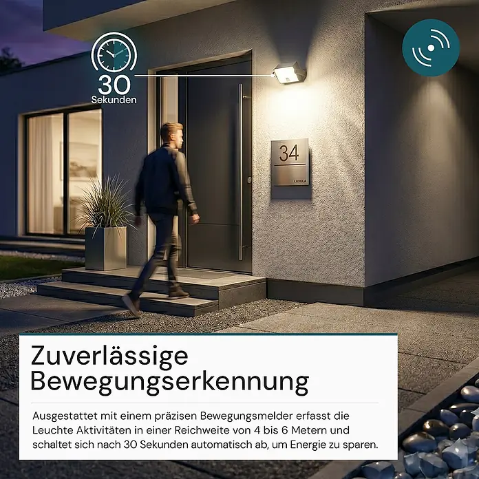 Luxula Solar-LED-Strahler - 3.000 K, 800 lm, 15,2 x 12,1 x 5,9 cm, IP65 - Moderne Außenwandleuchte mit Bewegungsmelder beleuchtet einen Hauseingang und schaltet sich nach 30 Sekunden automatisch aus, um Energie zu sparen.