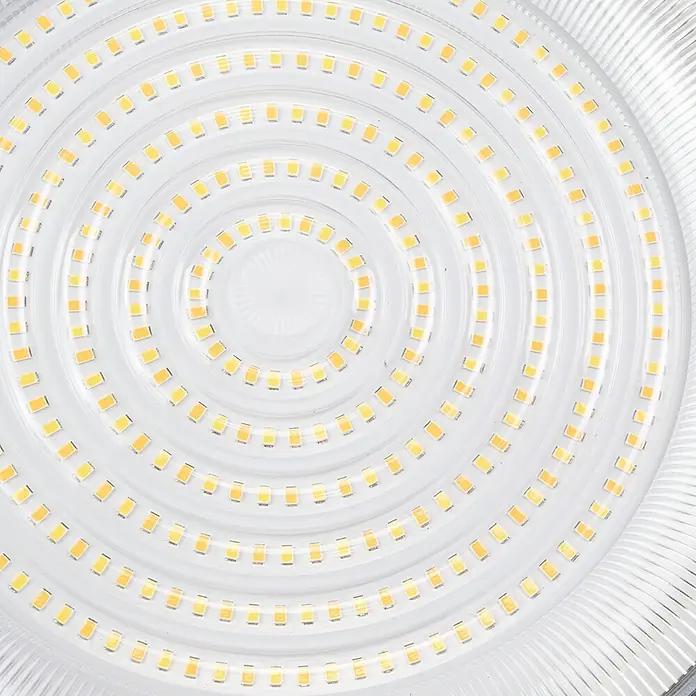 Luxula LED-Strahler - 150 W, 15.000 lm, 3.000 K - 6.500 K, L x B x H: 274 x 274 x 83 mm, IP65 - Kreisförmige LED-Anordnung mit konzentrischen Ringen aus warmgelben Lichtern.