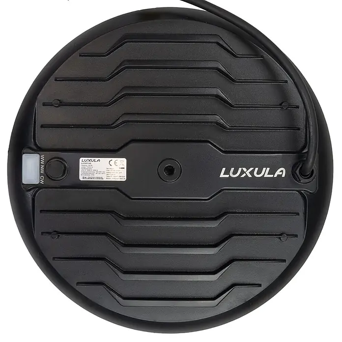 Luxula LED-Strahler - 150 W, 15.000 lm, 3.000 K - 6.500 K, L x B x H: 274 x 274 x 83 mm, IP65 - Rückseite einer schwarzen runden LED-Leuchte mit Kühlkörper, Produktetikett und Farbtemperaturschalter.