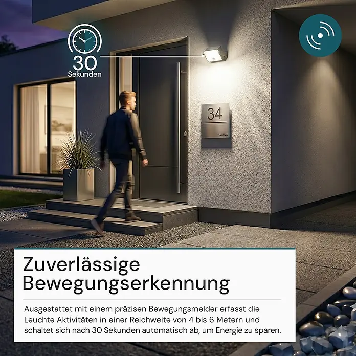 Luxula Solar-LED-Strahler - 4.000 K, 800 lm, 15,2 x 12,1 x 5,9 cm, IP65 - Moderne Außenleuchte mit Bewegungsmelder beleuchtet einen Hauseingang und schaltet sich nach 30 Sekunden automatisch ab.