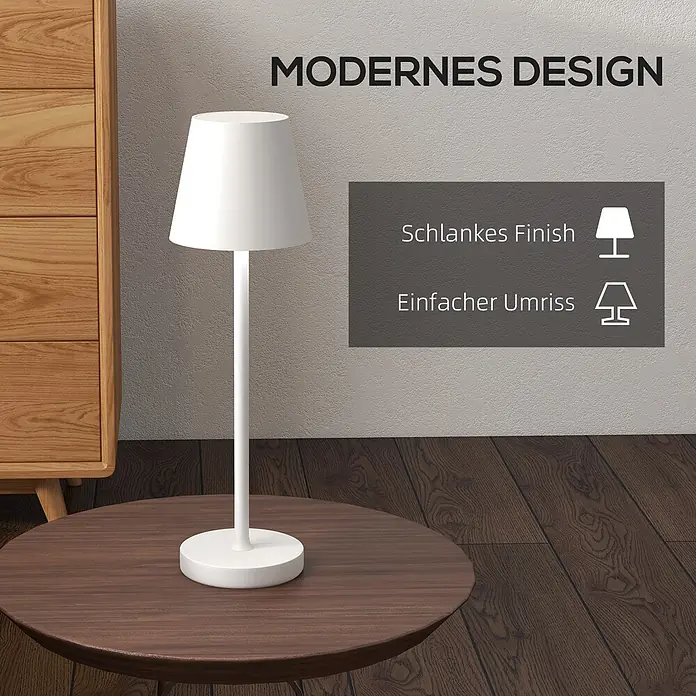 Homcom Tischleuchte - 20 W, L x B x H: 11,2 x 11,2 x 36,5 cm, Weiß, Weiß, Sonstige - Moderne weiße Tischlampe in minimalistischem Design, auf einem runden Holztisch platziert.