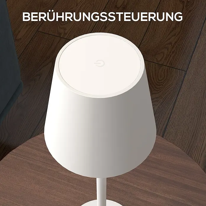 Homcom Tischleuchte - 20 W, L x B x H: 11,2 x 11,2 x 36,5 cm, Weiß, Weiß, Sonstige - Weiße Tischleuchte mit Touch-Steuerungssymbol oben, auf einem Holztisch stehend.