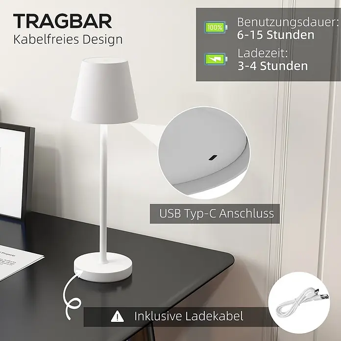 Homcom Tischleuchte - 20 W, L x B x H: 11,2 x 11,2 x 36,5 cm, Weiß, Weiß, Sonstige - Weiße tragbare Tischleuchte mit kabellosem Design, USB-C-Ladefunktion und Ladekabel, auf dunklem Schreibtisch.