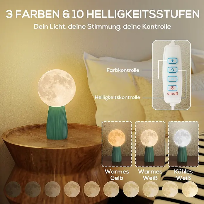 Homcom Tischleuchte - 3,5 W, L x B x H: 27,5 x 15 x 15 cm, Pink, Grün, Weiß, Sonstige - Mondlampe mit grünem Sockel, bietet 3 Lichtfarben (warmes Gelb, warmes Weiß, kühles Weiß) und 10 dimmbare Helligkeitsstufen. Fernbedienung inklusive.