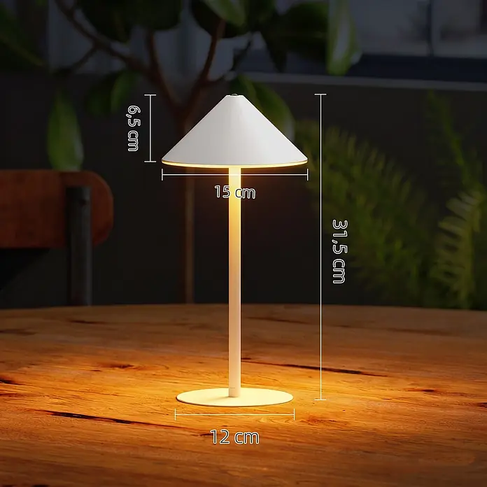 Homcom Tischleuchte - L x B x H: 15 x 15 x 31,5 cm, Weiß, Weiß, Sonstige - Weiße moderne Tischlampe mit warmem Licht, Maße (31,5 cm H, 15 cm Schirm Ø, 12 cm Fuß Ø) auf Holztisch.