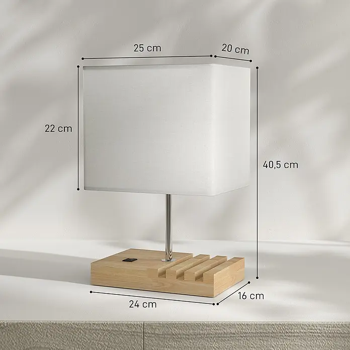 Homcom Tischleuchte - 40 W, L x B x H: 25 x 20 x 40,5 cm, Weiß, Weiß, E27 - Tischlampe aus hellem Holz und Metall mit weißem Stoffschirm und integriertem Organizer für Geräte.