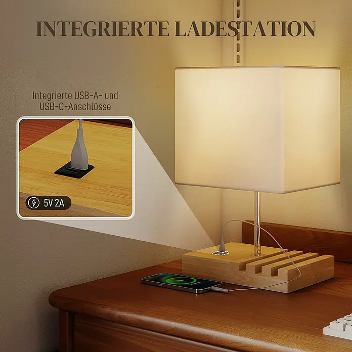 Homcom Tischleuchte - 40 W, L x B x H: 25 x 20 x 40,5 cm, Weiß, Weiß, E27 - Eine Holztischlampe mit hellem Stoffschirm, integrierter Ladestation (USB-A und USB-C) und einem ladenden Smartphone.