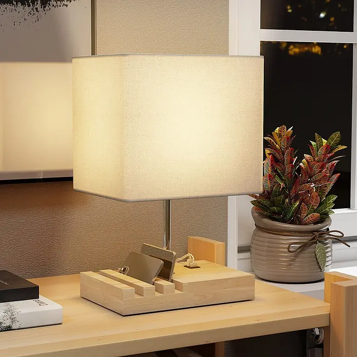 Homcom Tischleuchte - 40 W, L x B x H: 25 x 20 x 40,5 cm, Weiß, Weiß, E27 - Holztischlampe mit quadratischem Stoffschirm, integrierter Ladestation und Geräteständer, lädt aktiv Telefone.
