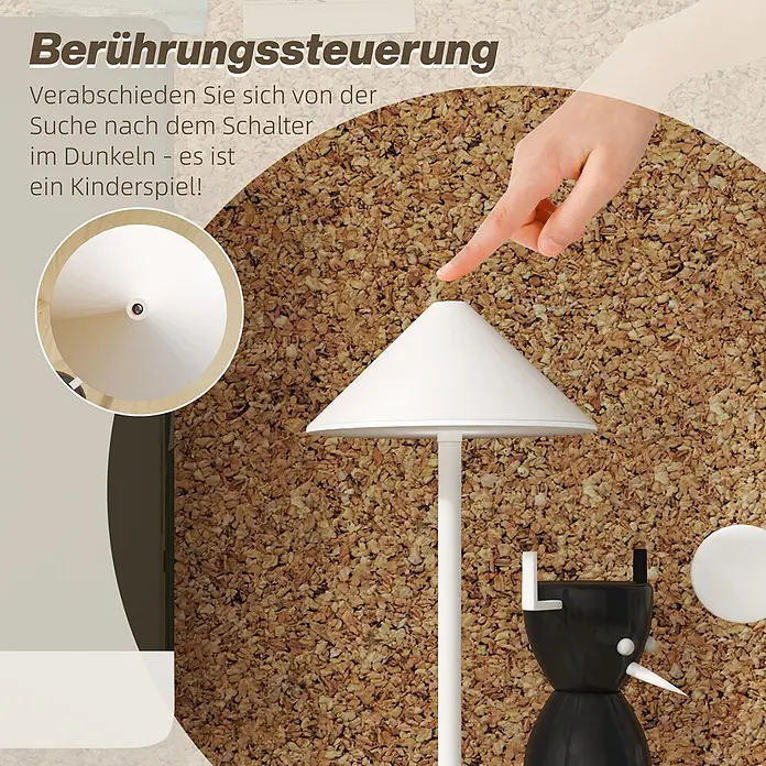 Homcom Tischleuchte - L x B x H: 15 x 15 x 31,5 cm, Weiß, Weiß, Sonstige - Weiße Tischleuchte mit konischem Schirm, die von einer Hand berührt wird, um die einfache Touch-Steuerung zu zeigen.