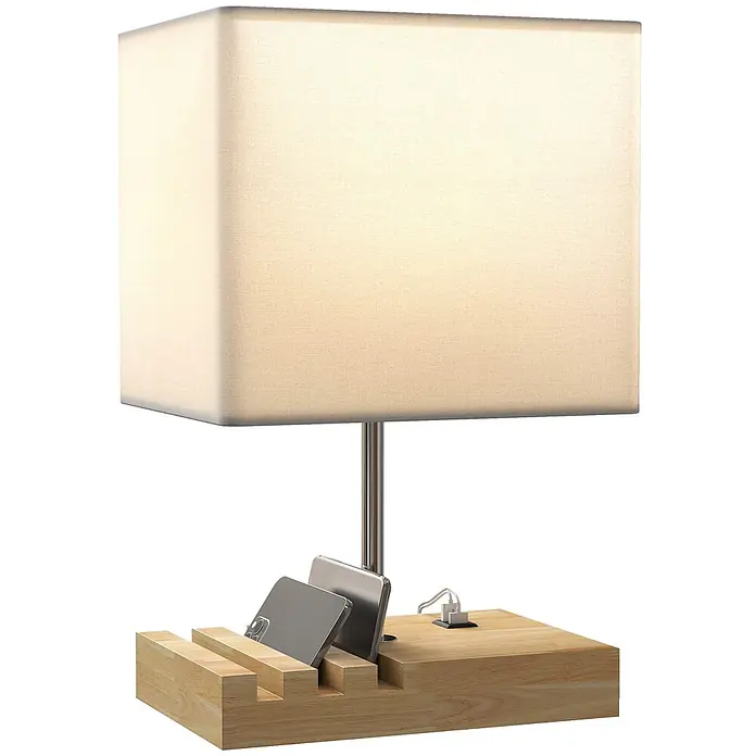 Homcom Tischleuchte - 40 W, L x B x H: 25 x 20 x 40,5 cm, Weiß, Weiß, E27 - Rechteckige Tischlampe mit cremefarbenem Stoffschirm, Chromstiel und hellem Holzsockel mit integrierten Schlitzen für Mobilgeräte und Ladestation.