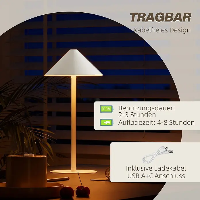 Homcom Tischleuchte - L x B x H: 15 x 15 x 31,5 cm, Weiß, Weiß, Sonstige - Eine moderne, weiße, kabellose tragbare Tischleuchte mit konischem Schirm, die einen Schreibtisch beleuchtet. Betont Portabilität und elegantes Design.
