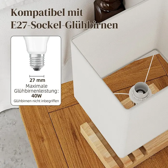 Homcom Tischleuchte - 40 W, L x B x H: 25 x 20 x 40,5 cm, Weiß, Weiß, E27 - Tischlampe mit hellem Stoffschirm und Holzfuß, E27-Fassung (max. 40W).