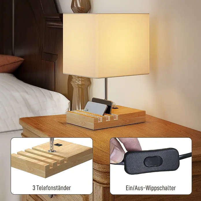 Homcom Tischleuchte - 40 W, L x B x H: 25 x 20 x 40,5 cm, Weiß, Weiß, E27 - Holz-Tischlampe mit weißem Schirm, integrierten Telefonständern und Ladebereich, auf einem Nachttisch mit Ein-/Ausschalter.