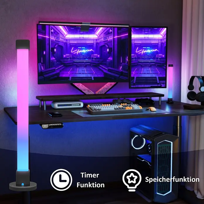 Homcom Tischleuchte - 8 W, L x B x H: 6 x 6 x 32,5 cm, Weiß, Weiß, Sonstige - Zwei RGB-Stehlampen mit pink-blauem Farbverlauf beleuchten Gaming-Setup, mit Symbolen für Timer- und Speicherfunktion.