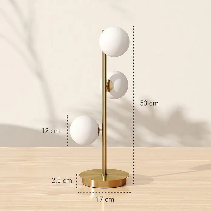 Homcom Tischleuchte - 25 W, L x B x H: 24 x 24 x 53 cm, Gold, Weiß, G9 - Goldene Tischlampe mit drei weißen Kugelschirmen, 53 cm hoch, 17 cm Basis, 12 cm Kugeln.