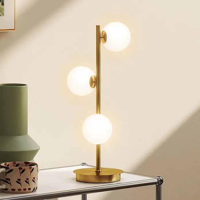 Homcom Tischleuchte - 25 W, L x B x H: 24 x 24 x 53 cm, Gold, Weiß, G9 - Goldfarbene Tischlampe mit drei weißen Kugelleuchten.