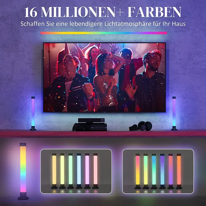 Homcom Tischleuchte - 8 W, L x B x H: 6 x 6 x 32,5 cm, Weiß, Weiß, Sonstige - Zwei RGB-LED-Lichtbalken beleuchten eine TV-Einrichtung, mit Beispielen für verschiedene Farb- und Verlaufsmodi unten. Ideal für eine lebendige Wohnatmosphäre.