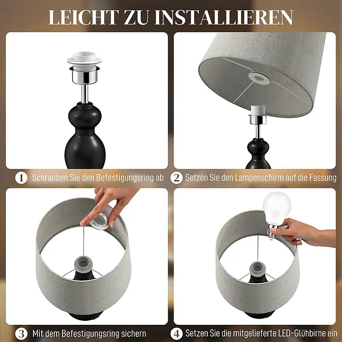Homcom Tischleuchte - 40 W, L x B x H: 28 x 28 x 54 cm, Schwarz, Cremeweiß, E27 - Leichte Installation einer Tischleuchte in vier Schritten: Befestigungsring lösen, Lampenschirm aufsetzen, mit Ring sichern, LED-Birne einsetzen.