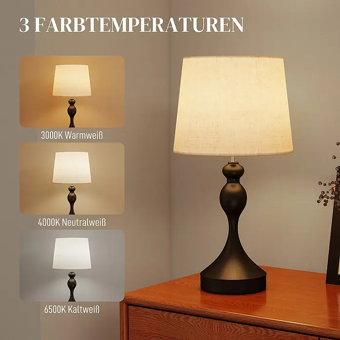 Homcom Tischleuchte - 40 W, L x B x H: 28 x 28 x 54 cm, Schwarz, Cremeweiß, E27 - Schwarze Tischlampe mit Stoffschirm, die drei Farbtemperaturen (Warmweiß, Neutralweiß, Kaltweiß) demonstriert.