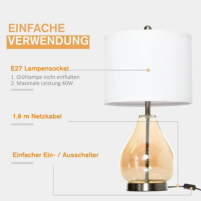 Homcom Tischleuchte - 40 W, L x B x H: 30 x 30 x 56 cm, Bernstein, Weiß, E27 - Tischlampe mit weißem Stoffschirm und bernsteinfarbenem Glassockel. E27-Fassung (max. 40W, Leuchtmittel nicht inkl.), 1,6m Kabel, Ein-/Ausschalter.