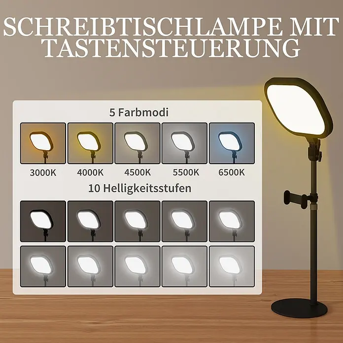 Homcom Tischleuchte - 10 W, L x B x H: 23 x 23 x 65 cm, Schwarz, Schwarz, Sonstige - Verstellbare Schreibtischlampe mit länglichem Kopf, gezeigt mit 5 Farbtemperaturen (3000K-6500K) und 10 Helligkeitsstufen.
