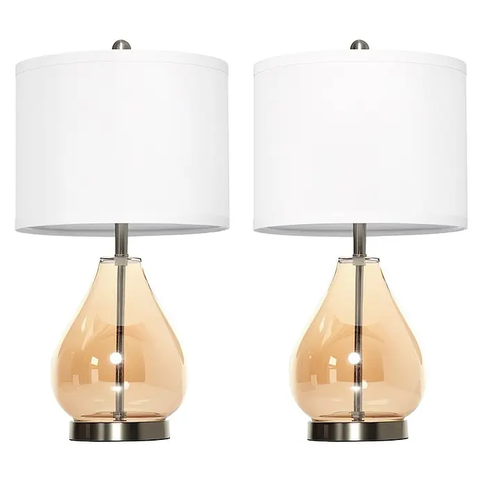 Homcom Tischleuchte - 40 W, L x B x H: 30 x 30 x 56 cm, Bernstein, Weiß, E27 - Zwei Tischlampen mit weißen Trommelschirmen, bernsteinfarbenen Glastropfenbasen und gebürsteten Nickelakzenten.