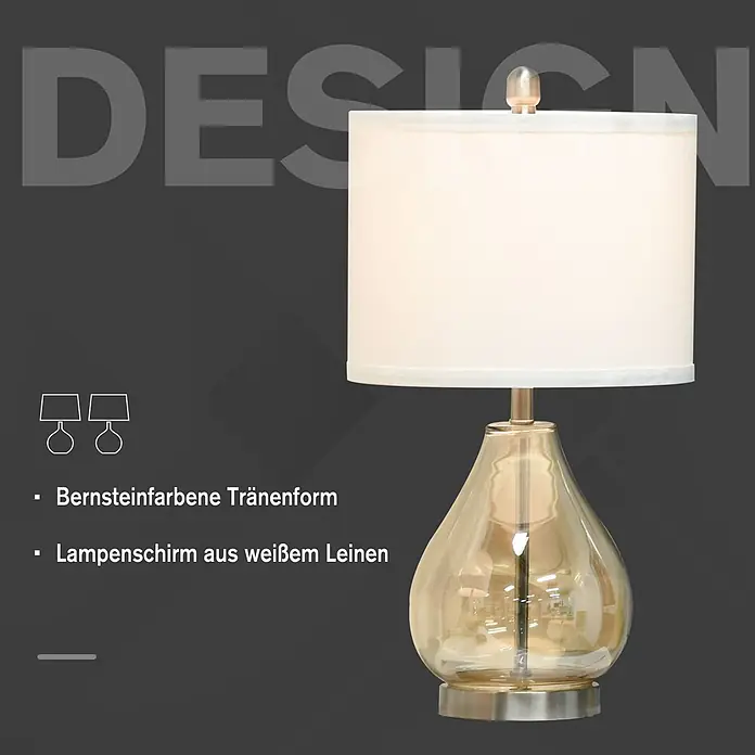 Homcom Tischleuchte - 40 W, L x B x H: 30 x 30 x 56 cm, Bernstein, Weiß, E27 - Tischleuchte mit bernsteinfarbenem, tropfenförmigem Glassockel und weißem Leinenschirm.