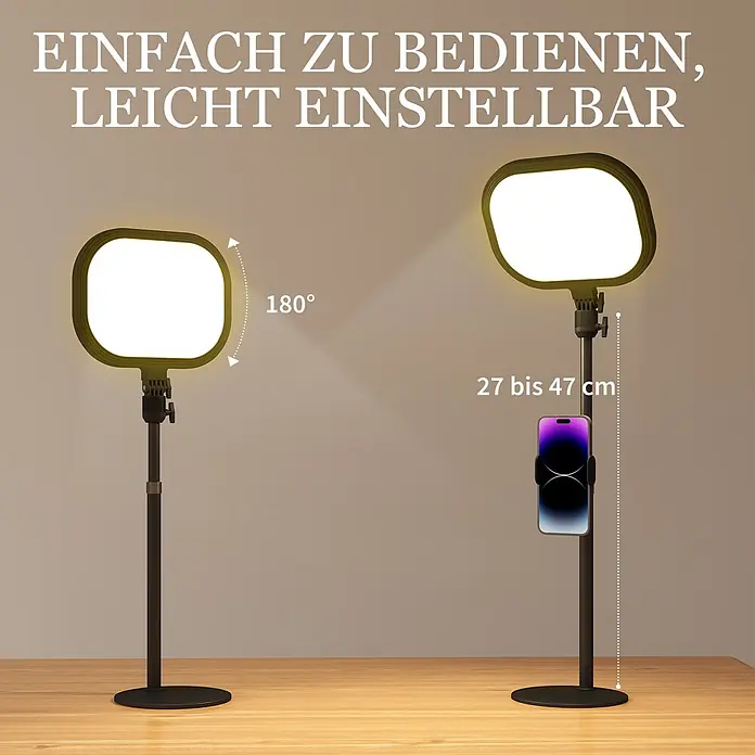 Homcom Tischleuchte - 10 W, L x B x H: 23 x 23 x 65 cm, Schwarz, Schwarz, Sonstige - Schwarze, verstellbare rechteckige Ringleuchte mit Handyhalterung, auf Holzoberfläche, zeigt 180° Neigung und 27-47cm Höhenverstellung.