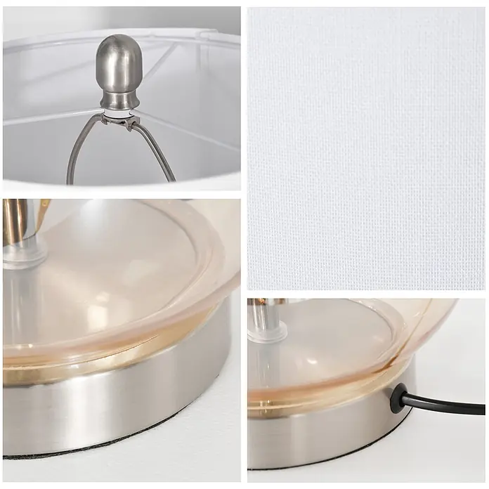 Homcom Tischleuchte - 40 W, L x B x H: 30 x 30 x 56 cm, Bernstein, Weiß, E27 - Gebürsteter Nickelfinial, weiße Stoffschirmtextur und gebürsteter Nickelfuß mit bernsteinfarbenem Glaselement.