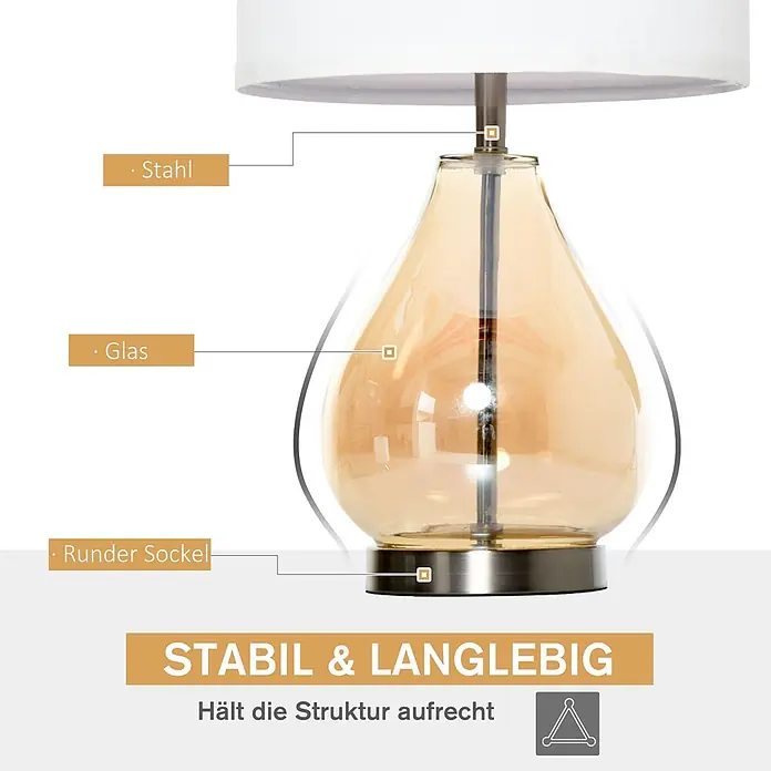 Homcom Tischleuchte - 40 W, L x B x H: 30 x 30 x 56 cm, Bernstein, Weiß, E27 - Tischlampe mit weißem Schirm, Korpus aus bernsteinfarbenem Glas und Stahl, runder Sockel für Stabilität.
