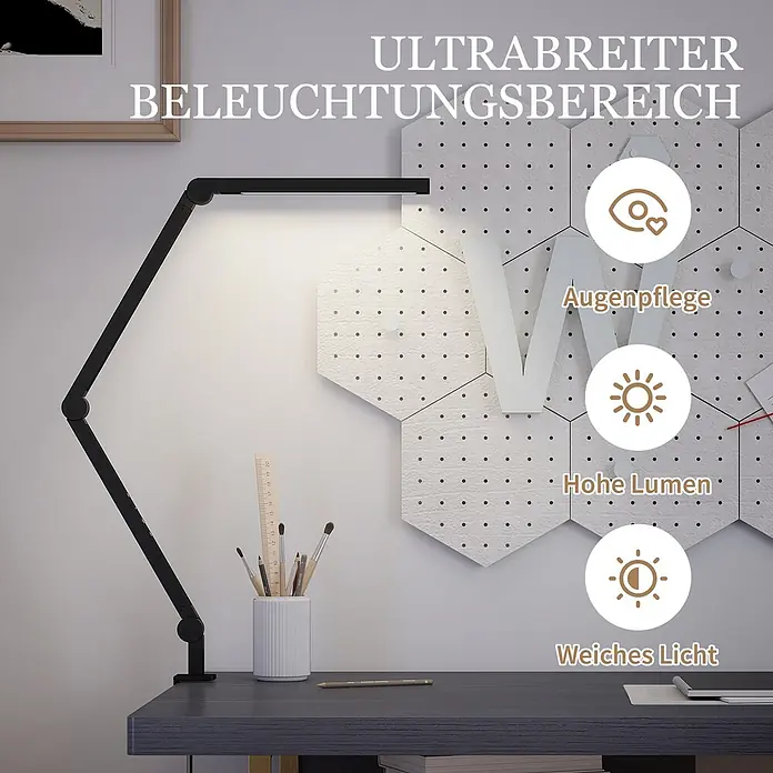 Homcom Tischleuchte - 12 W, L x B x H: 5,5 x 3,8 x 121,5 cm, Schwarz, Schwarz, Sonstige - Schwarze, verstellbare Schreibtischlampe mit Gelenkarm, an einem Schreibtisch befestigt, beleuchtet den Arbeitsbereich. Text: Augenpflege, hohe Lumen, weiches Licht.