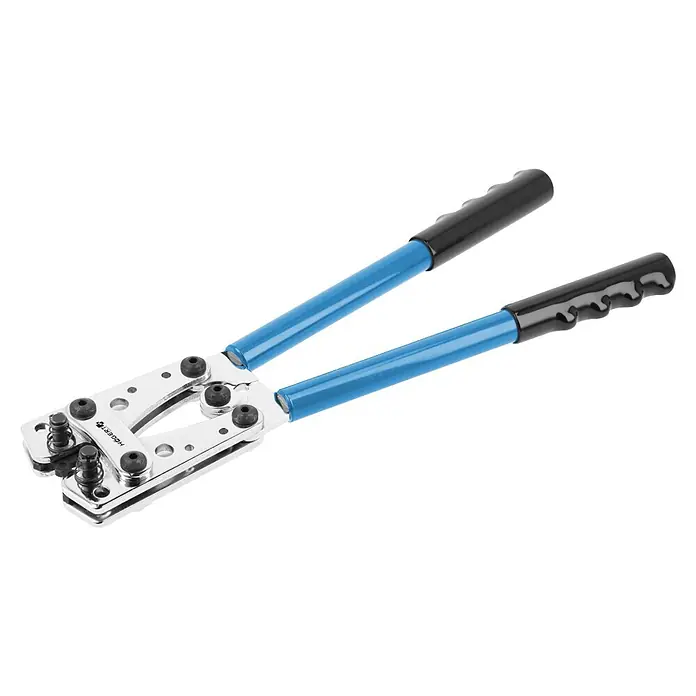 Handpresszange - Passend für: Größenänderung im Bereich von 6/10/16/25/35/50 mm² - Ein blaues und silbernes Hochleistungs-Crimpwerkzeug mit schwarzen ergonomischen Griffen.