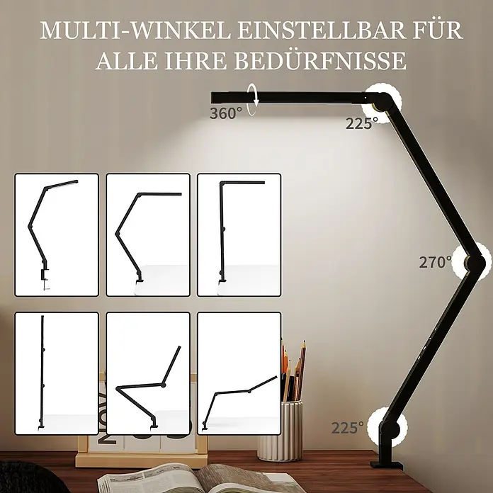 Homcom Tischleuchte - 12 W, L x B x H: 5,5 x 3,8 x 121,5 cm, Schwarz, Schwarz, Sonstige - Schwarze, verstellbare LED-Schreibtischlampe mit mehreren flexiblen Gelenken (360°, 270°, 225°) in verschiedenen Konfigurationen.