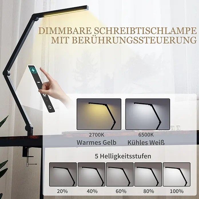 Homcom Tischleuchte - 12 W, L x B x H: 5,5 x 3,8 x 121,5 cm, Schwarz, Schwarz, Sonstige - Schwarze Klemm-Schreibtischlampe mit Berührungssteuerung, einstellbarer Helligkeit und Farbtemperatur, die einen Schreibtisch beleuchtet.