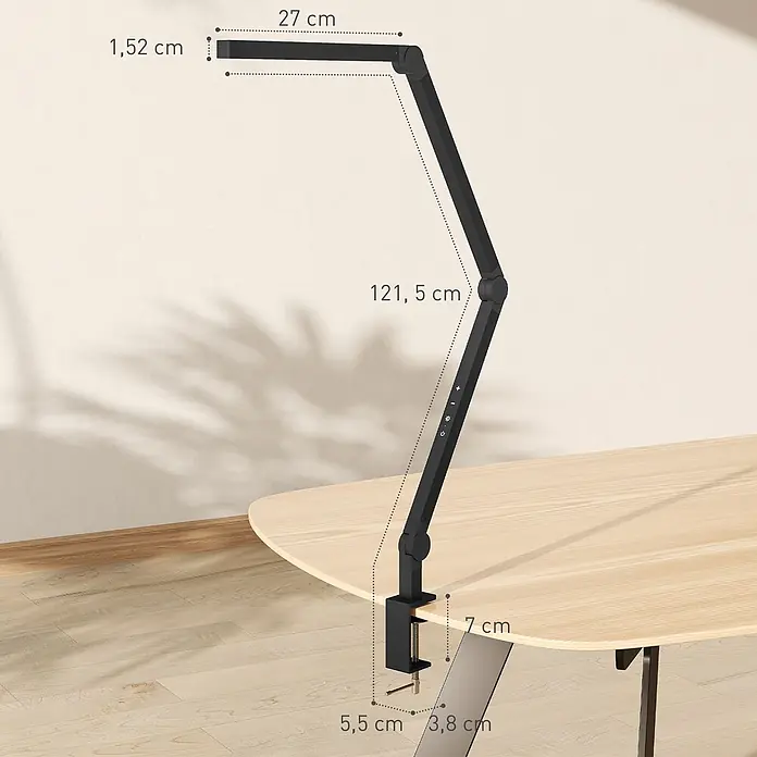 Homcom Tischleuchte - 12 W, L x B x H: 5,5 x 3,8 x 121,5 cm, Schwarz, Schwarz, Sonstige - Schwarze Gelenk-Schreibtischlampe an Holztisch geklemmt. Maße: 121,5 cm Gesamthöhe, 27 cm Leuchtkopf, 7 cm hohe Klemme.