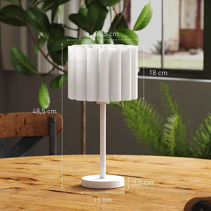 Homcom Tischleuchte - 40 W, L x B x H: 25 x 25 x 48,5 cm, Weiß, Weiß, E27 - Weiße plissierte Tischlampe auf einem Holztisch.