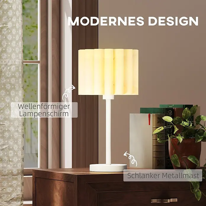 Homcom Tischleuchte - 40 W, L x B x H: 25 x 25 x 48,5 cm, Weiß, Weiß, E27 - Eine moderne Tischlampe mit wellenförmigem Schirm und schlankem weißen Metallmast auf einem Holz-Nachttisch.