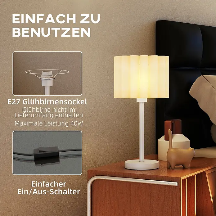 Homcom Tischleuchte - 40 W, L x B x H: 25 x 25 x 48,5 cm, Weiß, Weiß, E27 - Weiße Tischlampe mit plissiertem Schirm auf Nachttisch, hebt E27-Fassung (max. 40W, Leuchtmittel nicht inkl.) und einfachen Ein/Aus-Schalter hervor.