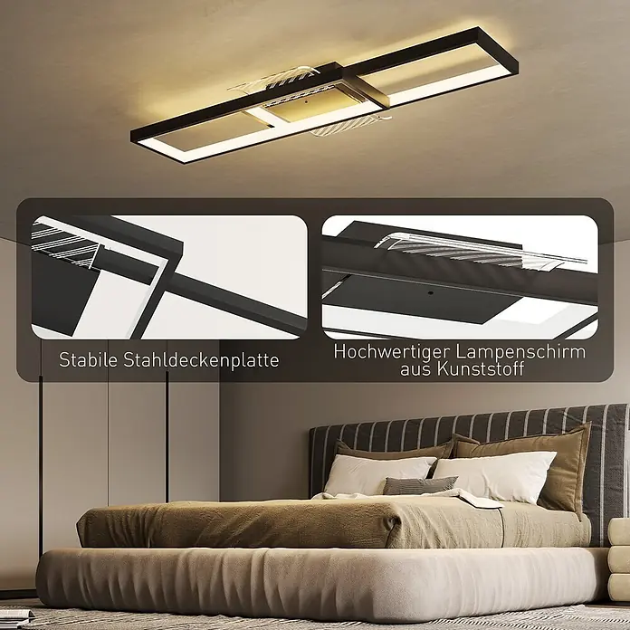 Homcom Deckenleuchte - 43 W, L x B x H: 70 x 30 x 7 cm, Schwarz, Schwarz, Sonstige - Moderne schwarze rechteckige LED-Deckenlampe mit integrierten Lichtern und dekorativen Kunststoffelementen, im Schlafzimmer installiert.