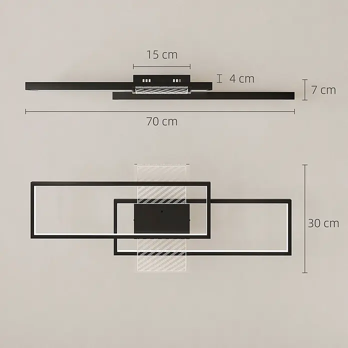 Homcom Deckenleuchte - 43 W, L x B x H: 70 x 30 x 7 cm, Schwarz, Schwarz, Sonstige - Schwarze rechteckige LED-Deckenleuchte mit zwei überlappenden Rahmen.