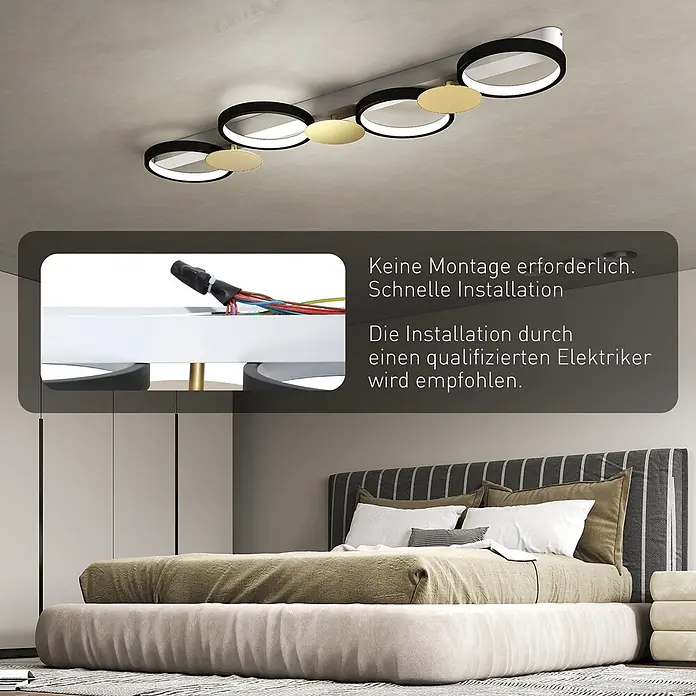 Homcom Deckenleuchte - 38 W, L x B x H: 100 x 31 x 7 cm, Schwarz, Gold, Schwarz, Gold, Sonstige - Moderne Deckenleuchte mit schwarzen Ringen und goldenen Scheiben beleuchtet ein Schlafzimmer. Ein Einsatz zeigt die Verdrahtung zur einfachen Installation.